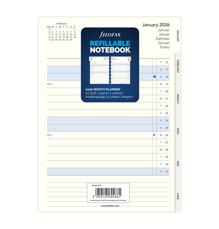 Filofax Notebook A5 Månadsöversikt 2026  26-15210