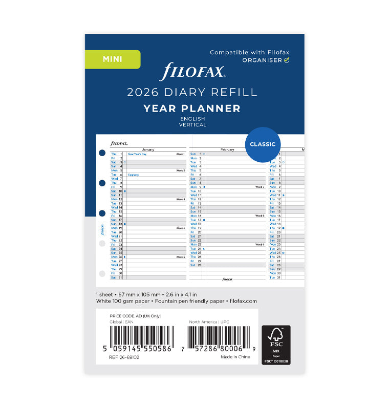 Vertical Year Planner - Mini 2026 English - 26-68102