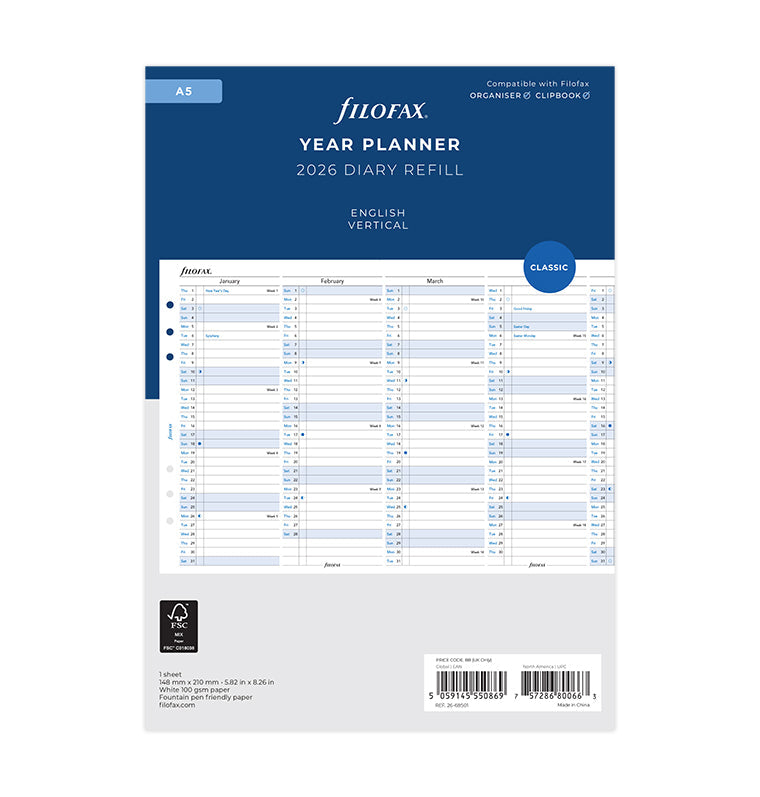 Vertical Year Planner - A5 2026 English - 26-68501