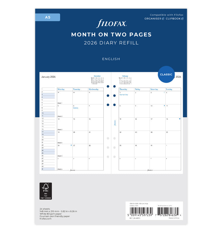 Filofax Refiller Month On Two Pages Diary - A5 2026 English 26-68510