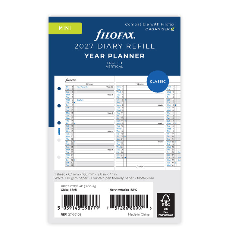 Filofax Refiller Vertical Year Planner - Mini 2027 English 27-68102