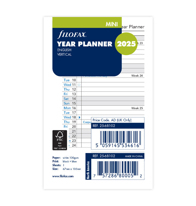 Vertical Year Planner - Mini 2025 English